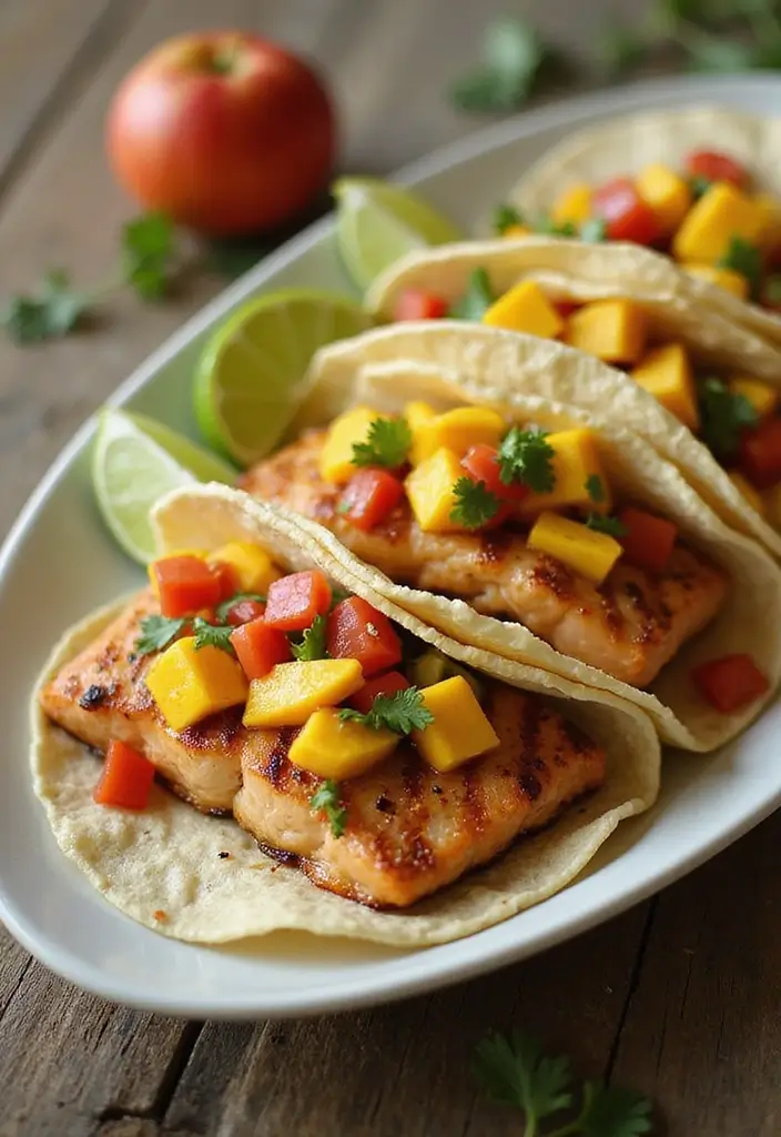 25 High-Protein Low-Carb Mexican Recipes for Clean Eating 26 25 High-Protein Low-Carb Mexican Recipes for Clean Eating - 6. Grilled Salmon Tacos with Mango Salsa