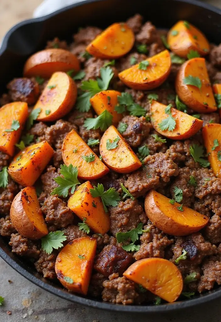 27 Easy Mexican Ground Beef Recipes for Weeknight Meals 111 27 Easy Mexican Ground Beef Recipes for Weeknight Meals - 19. Beef and Sweet Potato Skillet